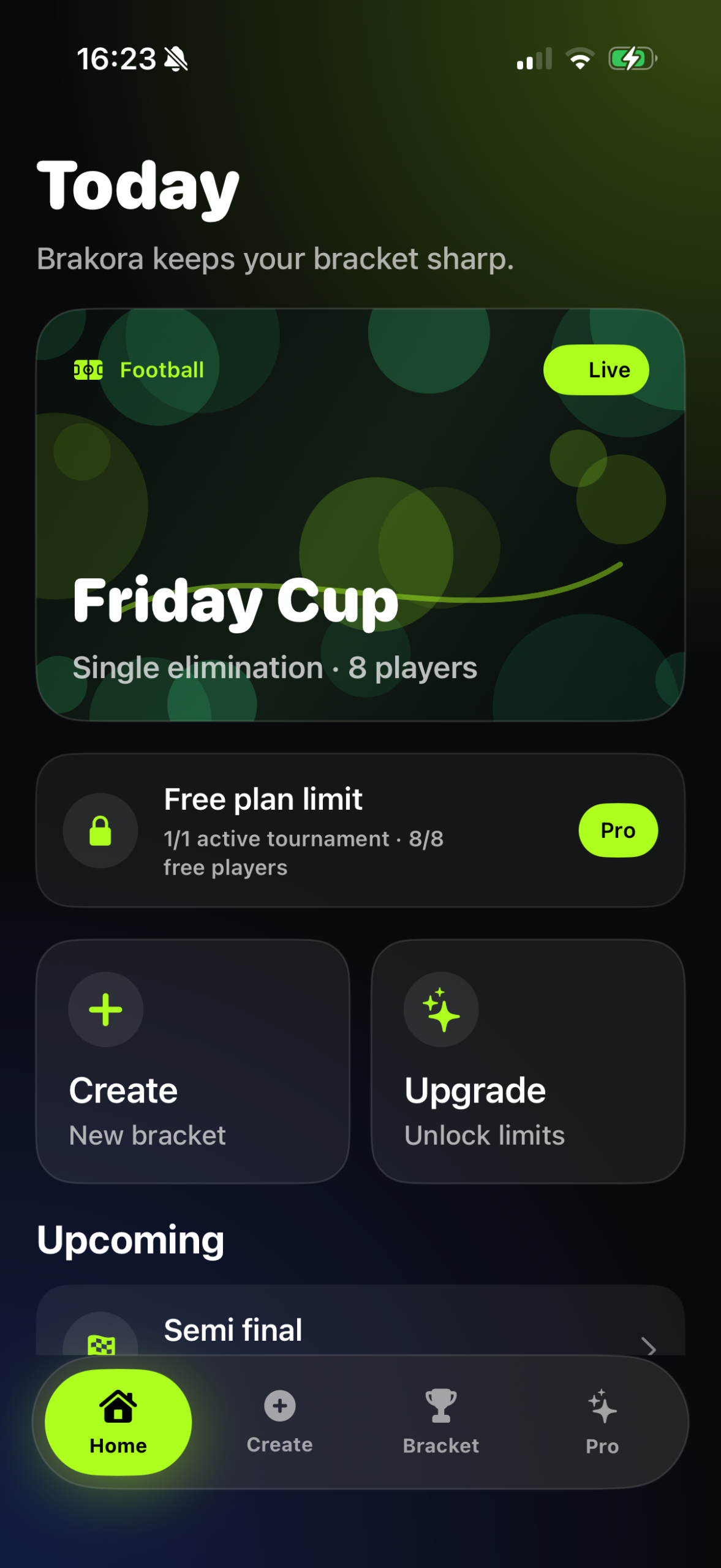 Brakora home dashboard with Friday Cup