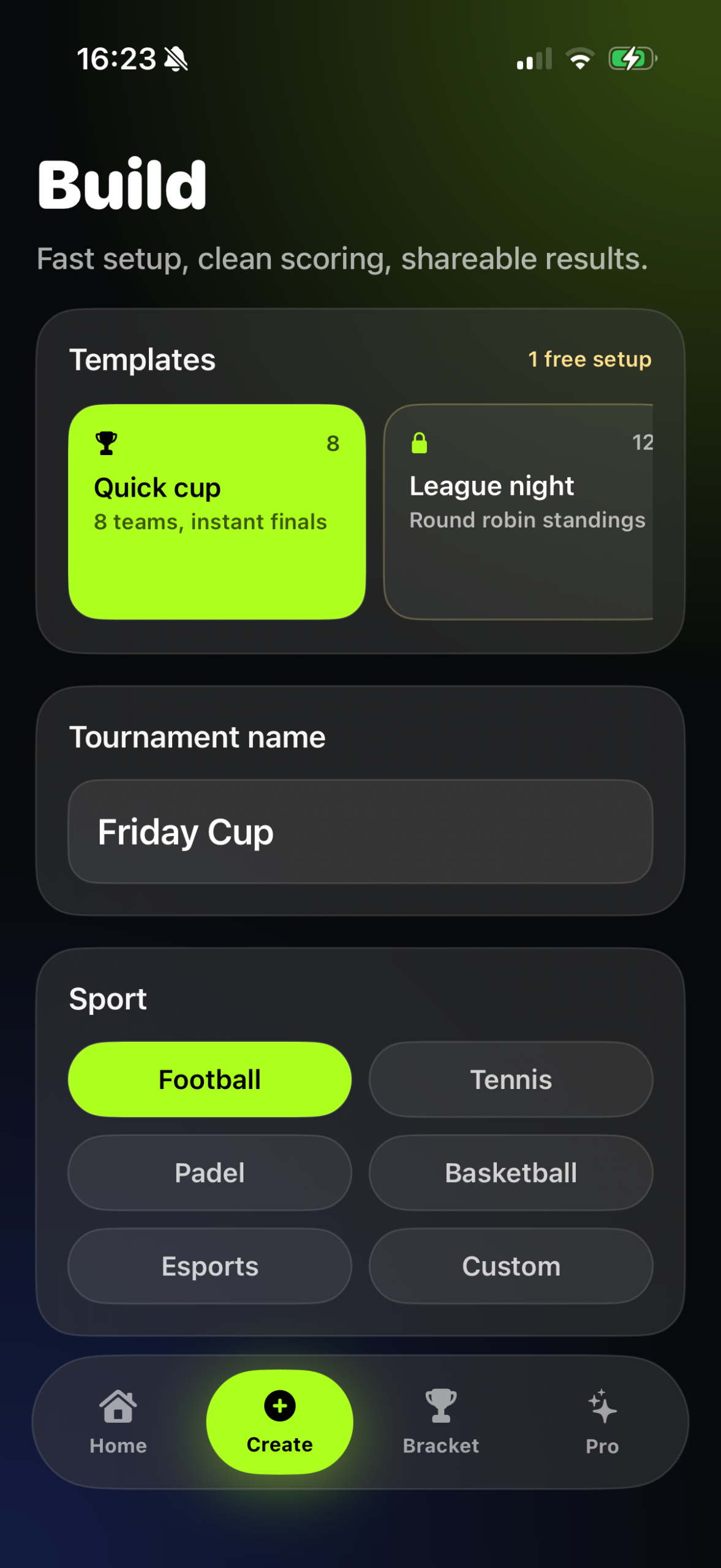 Brakora create tournament screen