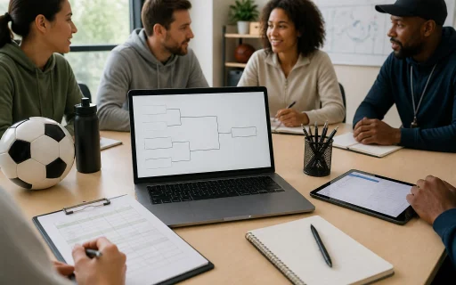 bracket builder free: Tournament organizer reviewing a bracket layout on a laptop and clipboard