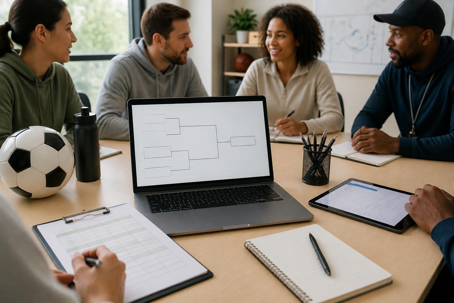bracket builder free: Tournament organizer reviewing a bracket layout on a laptop and clipboard