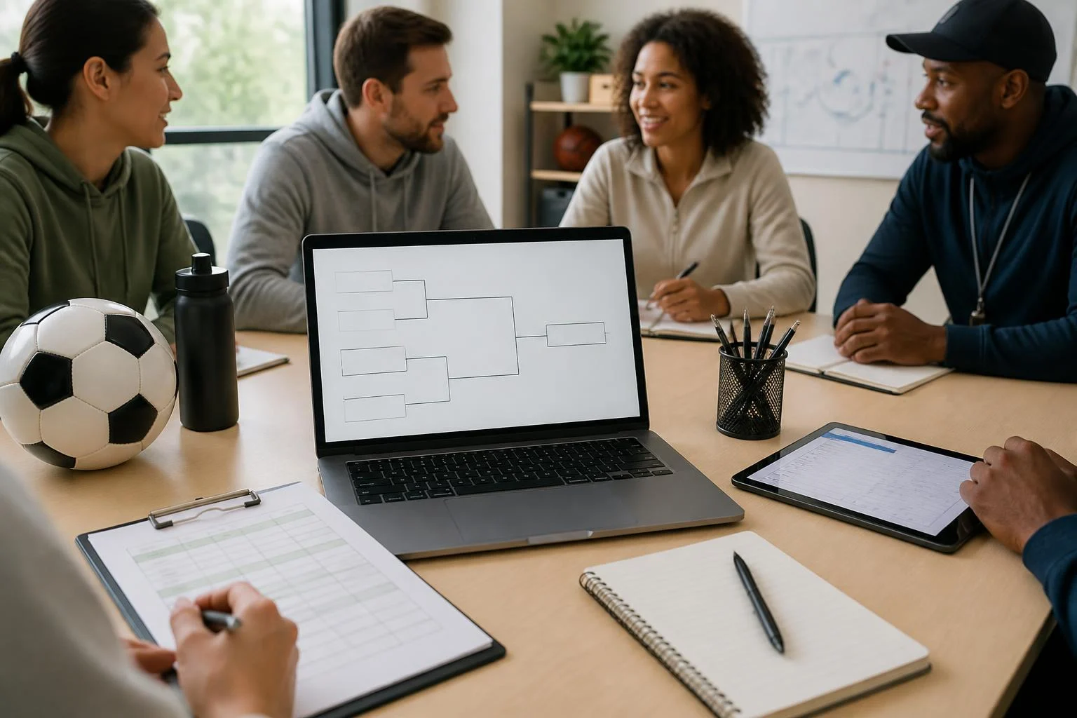 bracket builder free: Tournament organizer reviewing a bracket layout on a laptop and clipboard