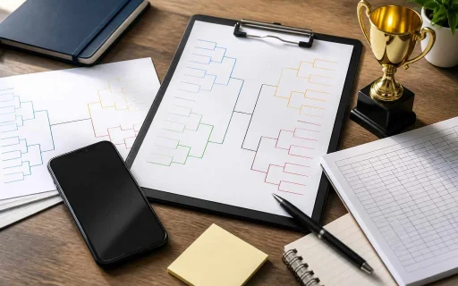 Tournament organizer tools with bracket sheets, a phone, and a trophy on a desk
