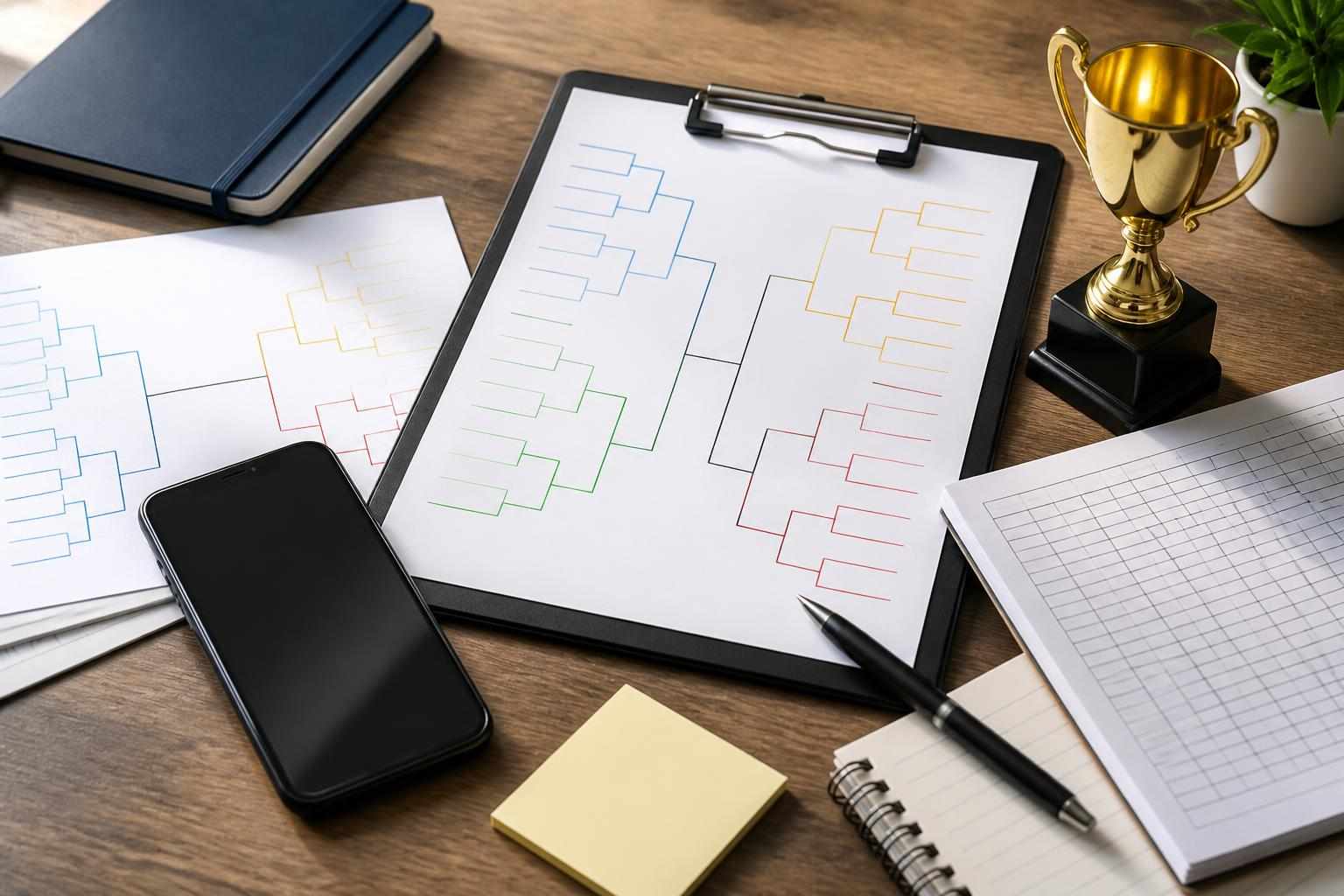 Tournament organizer tools with bracket sheets, a phone, and a trophy on a desk