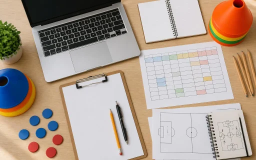 round robin tournament generator: Tournament schedule sheets with a laptop and score cards on a desk