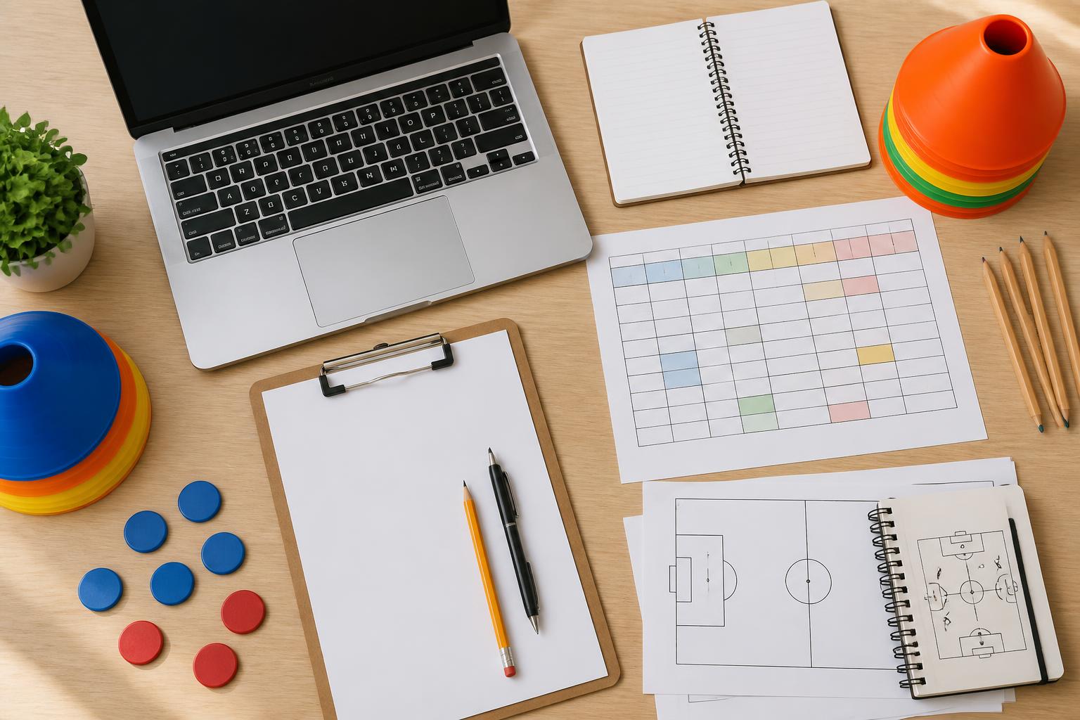 round robin tournament generator: Tournament schedule sheets with a laptop and score cards on a desk
