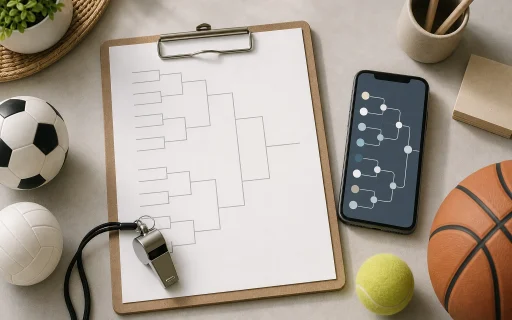 Illustrazione editoriale di un tabellone torneo e strumenti per organizzare le partite.
