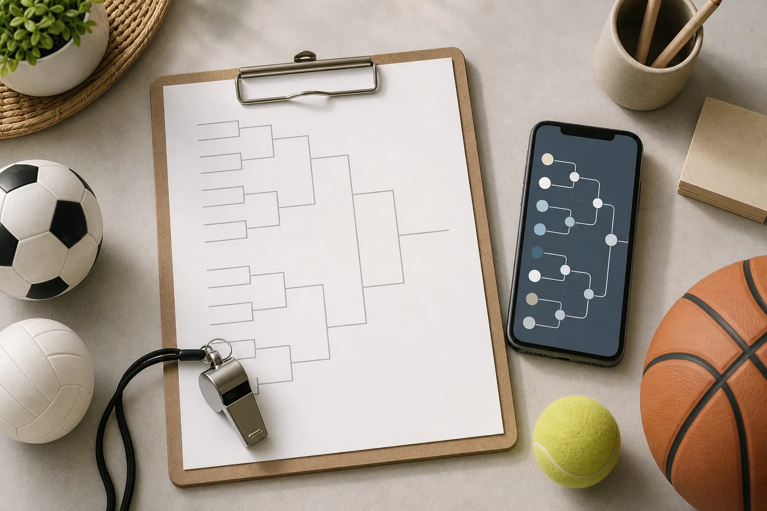 Illustrazione editoriale di un tabellone torneo e strumenti per organizzare le partite.