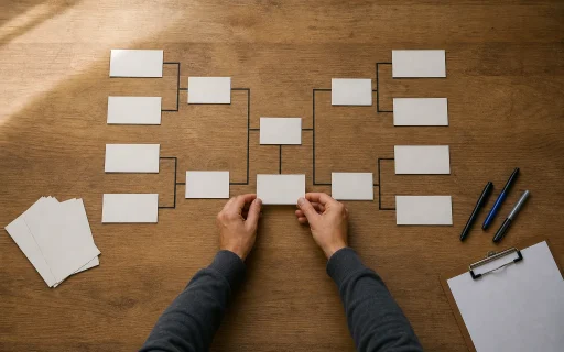 Neutrale Turnierübersicht mit leeren Paarungskarten auf einem Tisch