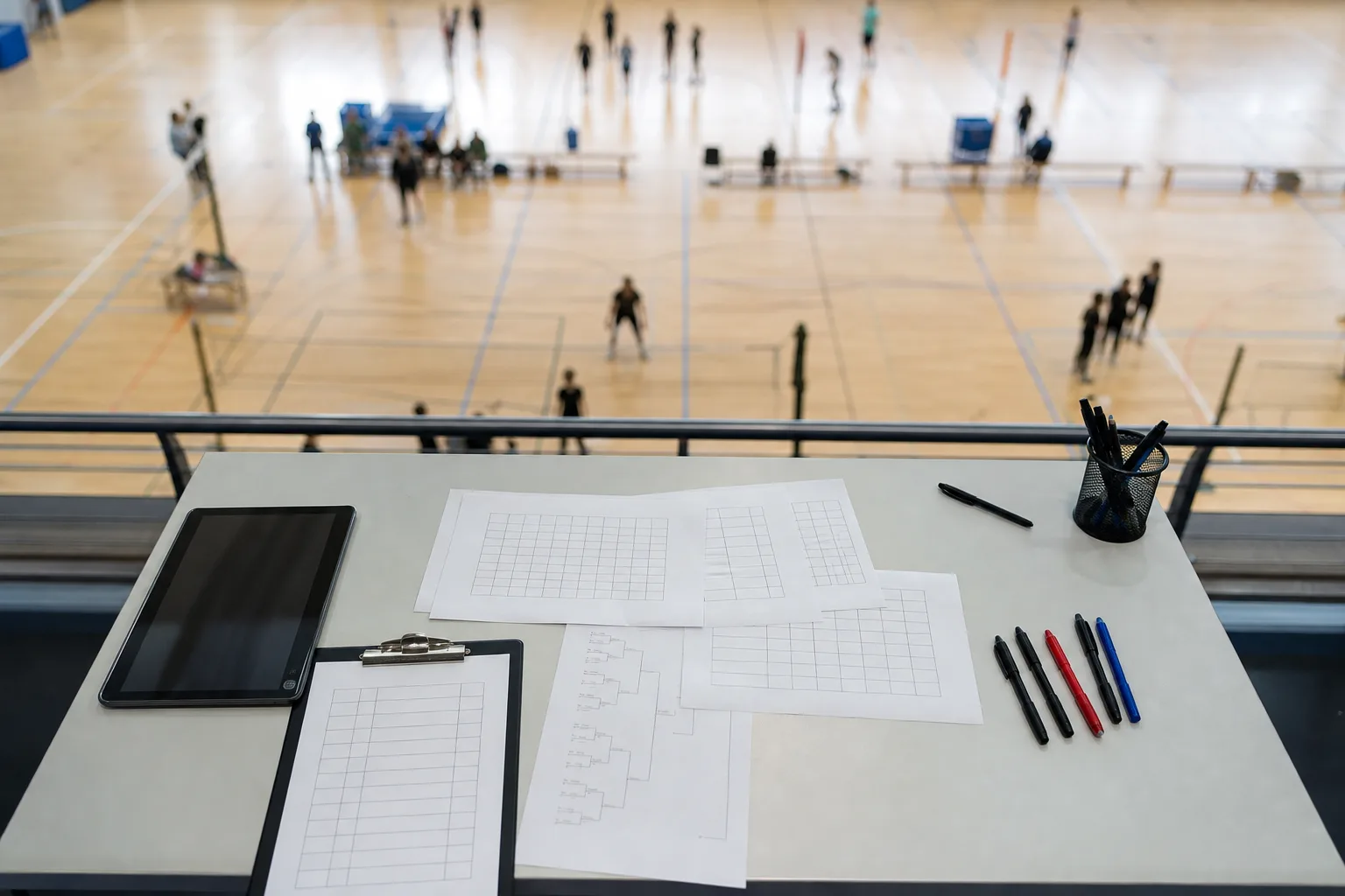 Neutrale Turnierorganisation mit Spielplanunterlagen und Tablet