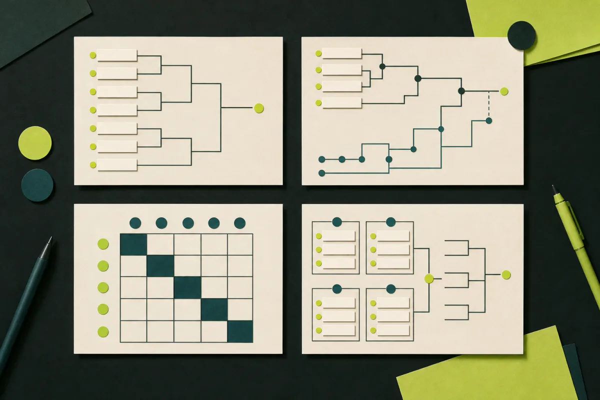 Four unlabeled tournament layout styles are arranged side by side, including knockout, double-path, round-robin, and group-to-knockout formats.