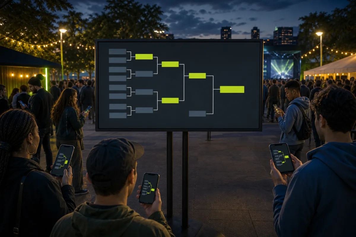 People at a casual event look at phones while a shared tournament bracket is displayed on a nearby screen.