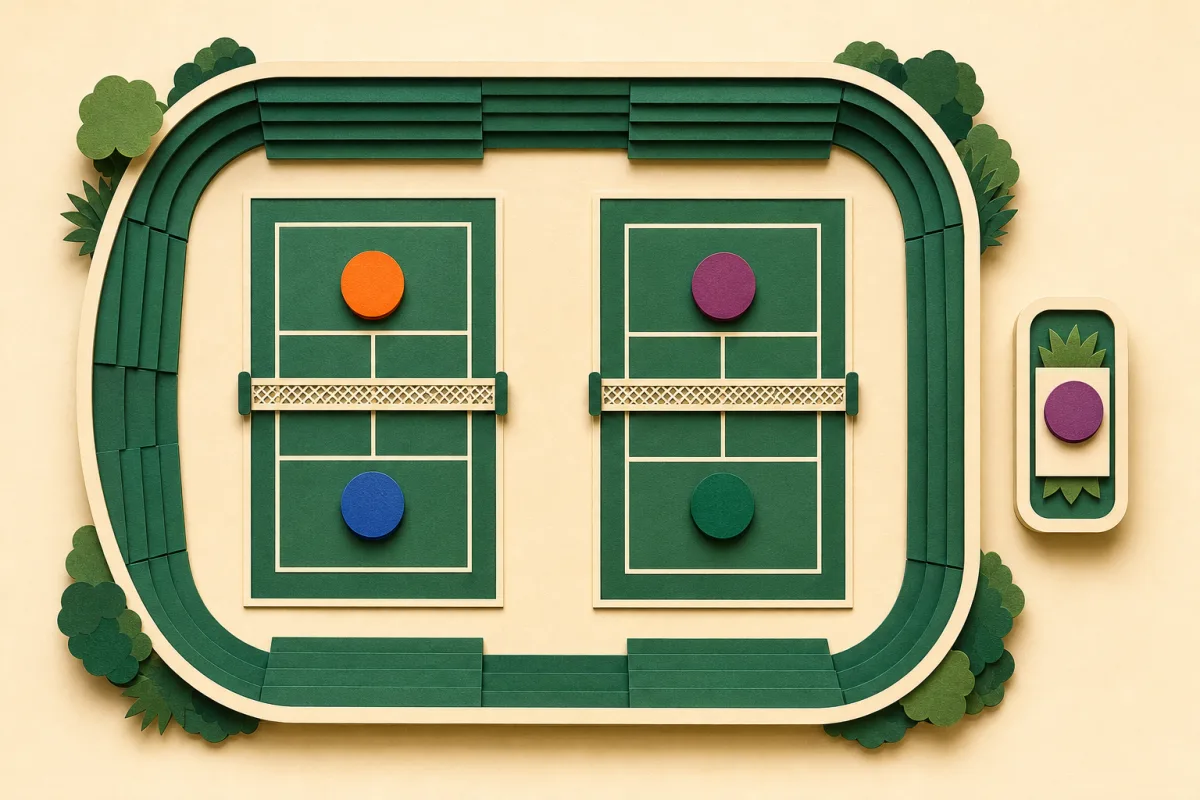 Two match areas with paired team markers and a separate resting marker, illustrating simultaneous games and a bye.