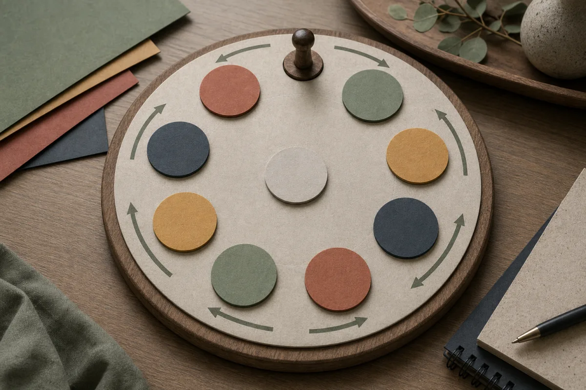 Blank colored participant discs on a rotating circle with arrows and one fixed position, illustrating the circle method.