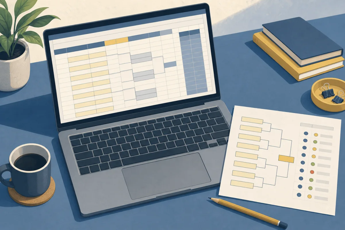 Illustration eines Laptops mit farblich getrennten Eingabe- und Berechnungsfeldern neben einem Testausdruck.